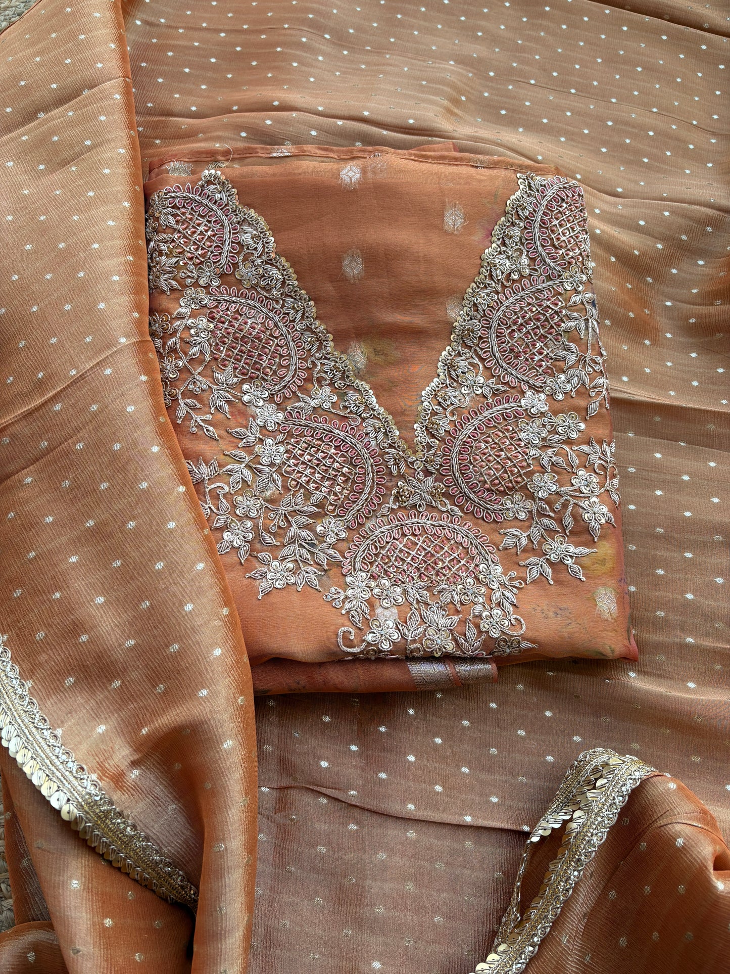 Pure kora hand embroidery suit with tissue silk dupatta ,Satin lower