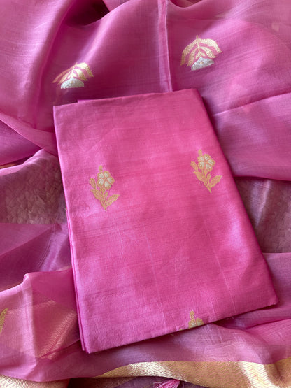 Pink chiniya silk meendar kurta, kora silk dupatta and plain bottom