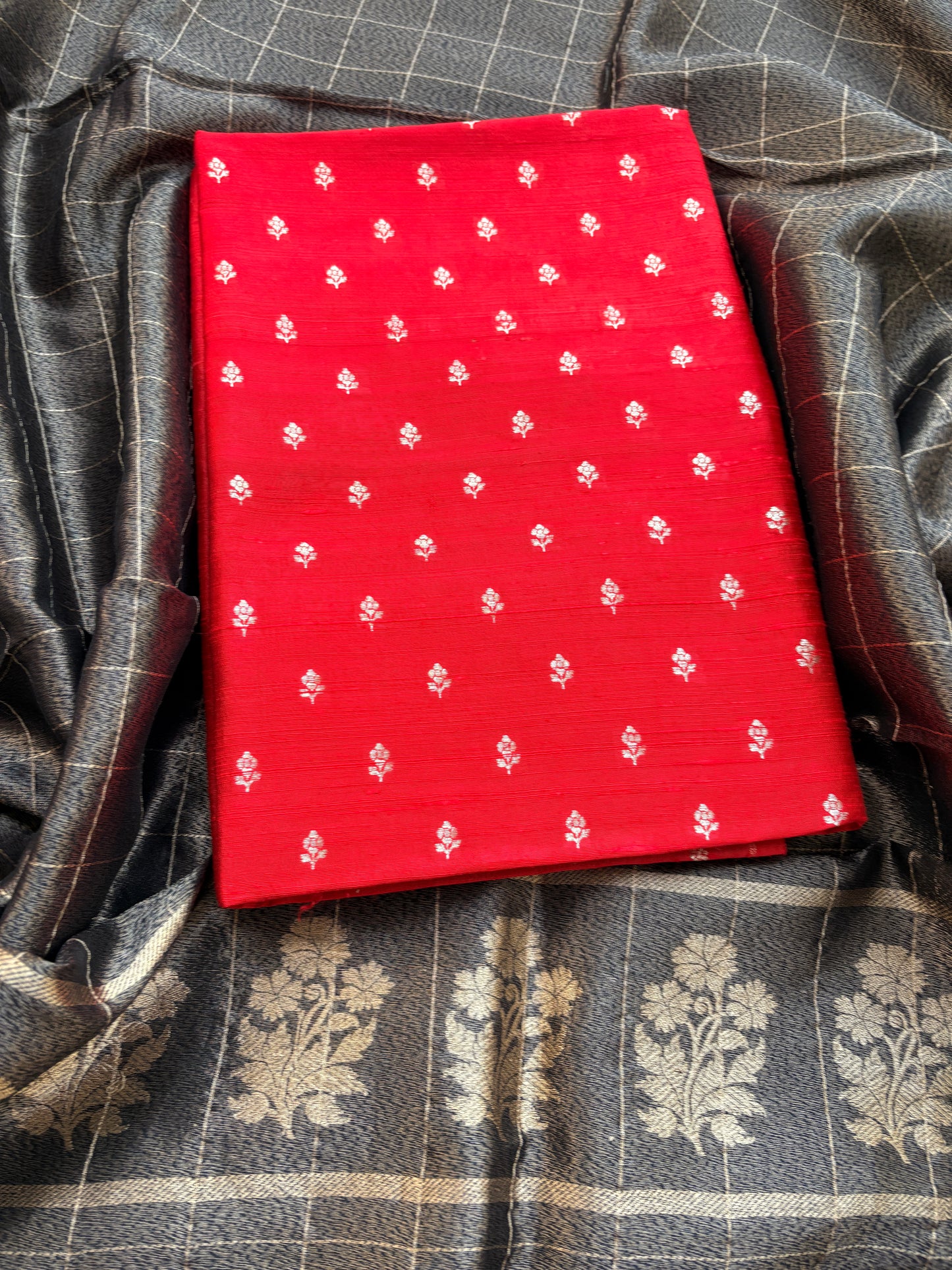 Red Chiniya silk kurta, bottom , black tissue dupatta