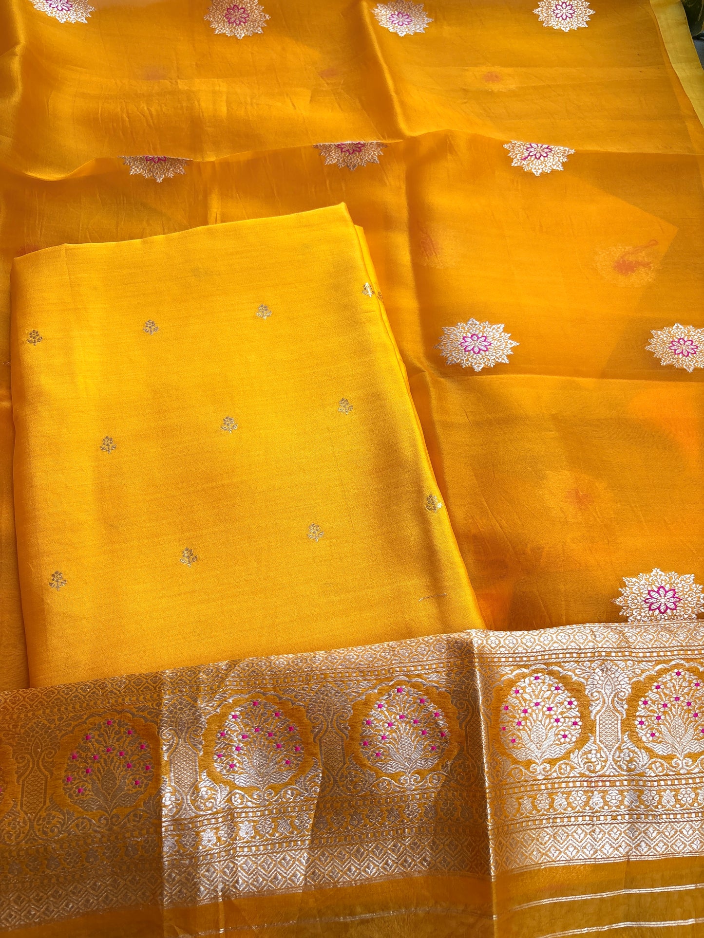 Yellow Chiniya silk kurta , bottom and kora silk dupatta