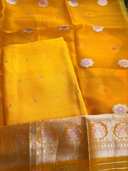 Yellow Chiniya silk kurta , bottom and kora silk dupatta