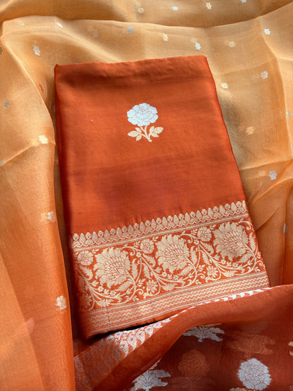 Orange Chiniya silk kurta , bottom and shaded dupatta