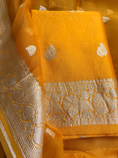 Yellow Chiniya silk silver zari suit set