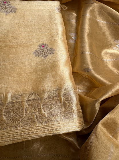 Yellow raw silk kurta, bottom and tissue kadhwa dupatta