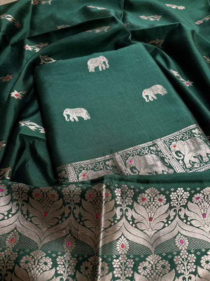 Green pure silk kadhwa figure motif suit set