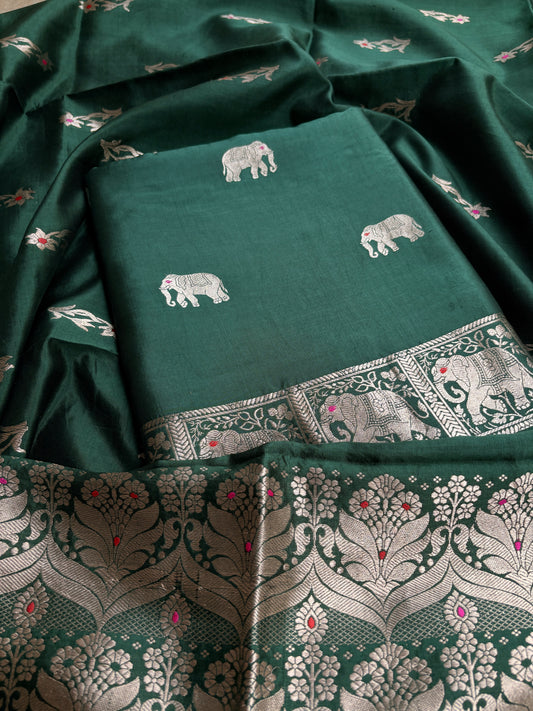 Green pure silk kadhwa figure motif suit set