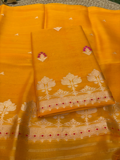 Yellow pure kadhwa silk  3 piece suit