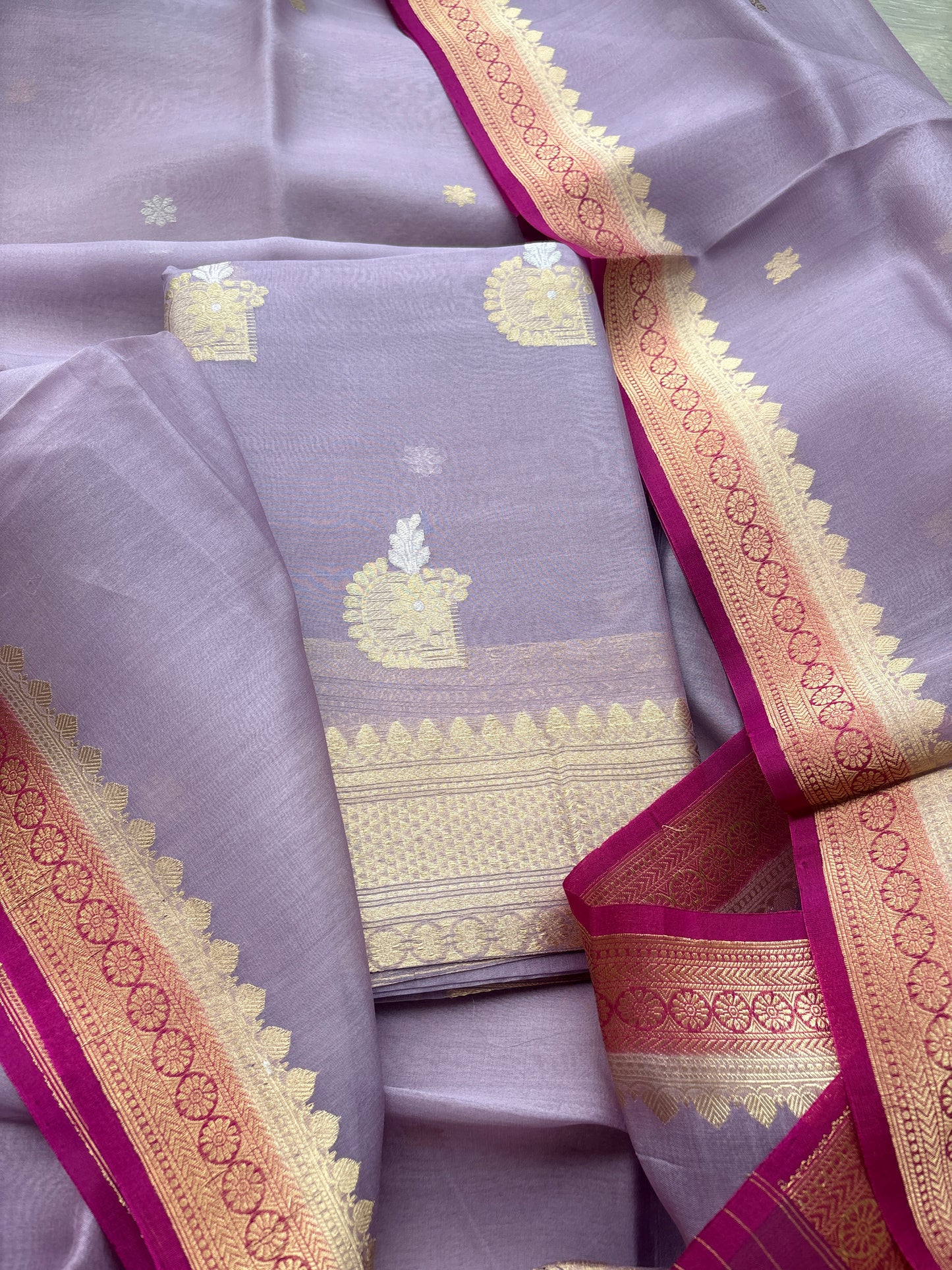 Lavender kora suit with shaded dupatta