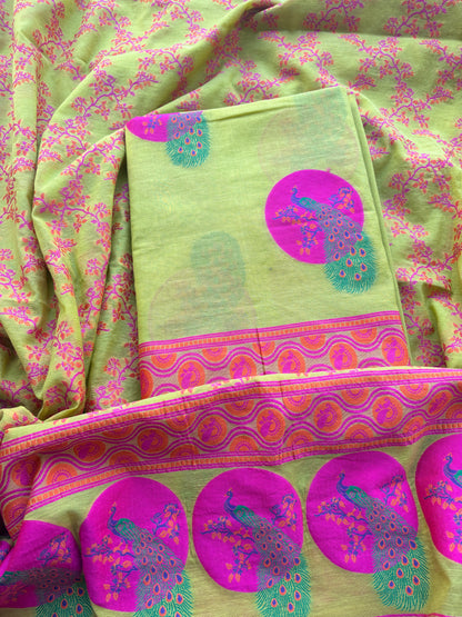 Lime Chanderi peacock weaving suit set