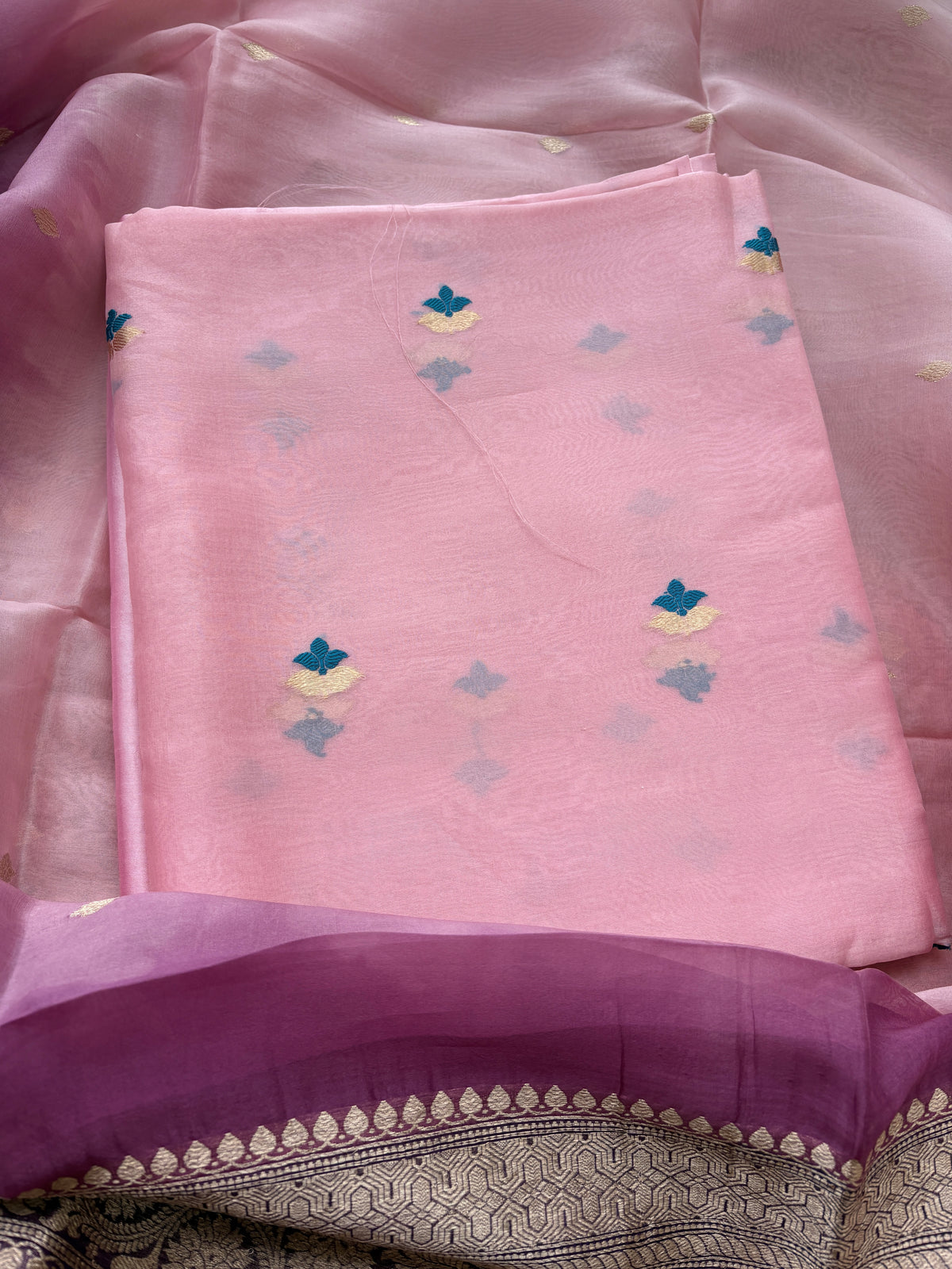 Pink Kora silk suit set with shaded dupatta