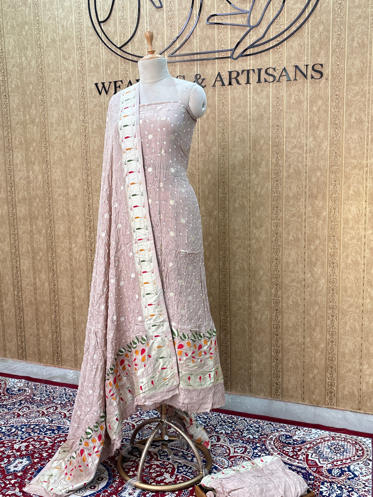 Light peach paithani bandhani suit set