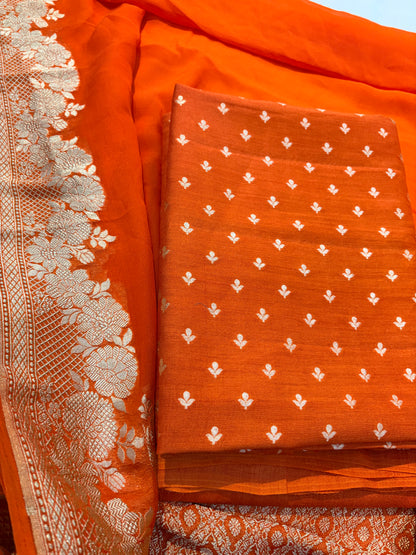 Orange moonga silk kurta , bottom and Khaddi georgette kadhwa dupatta