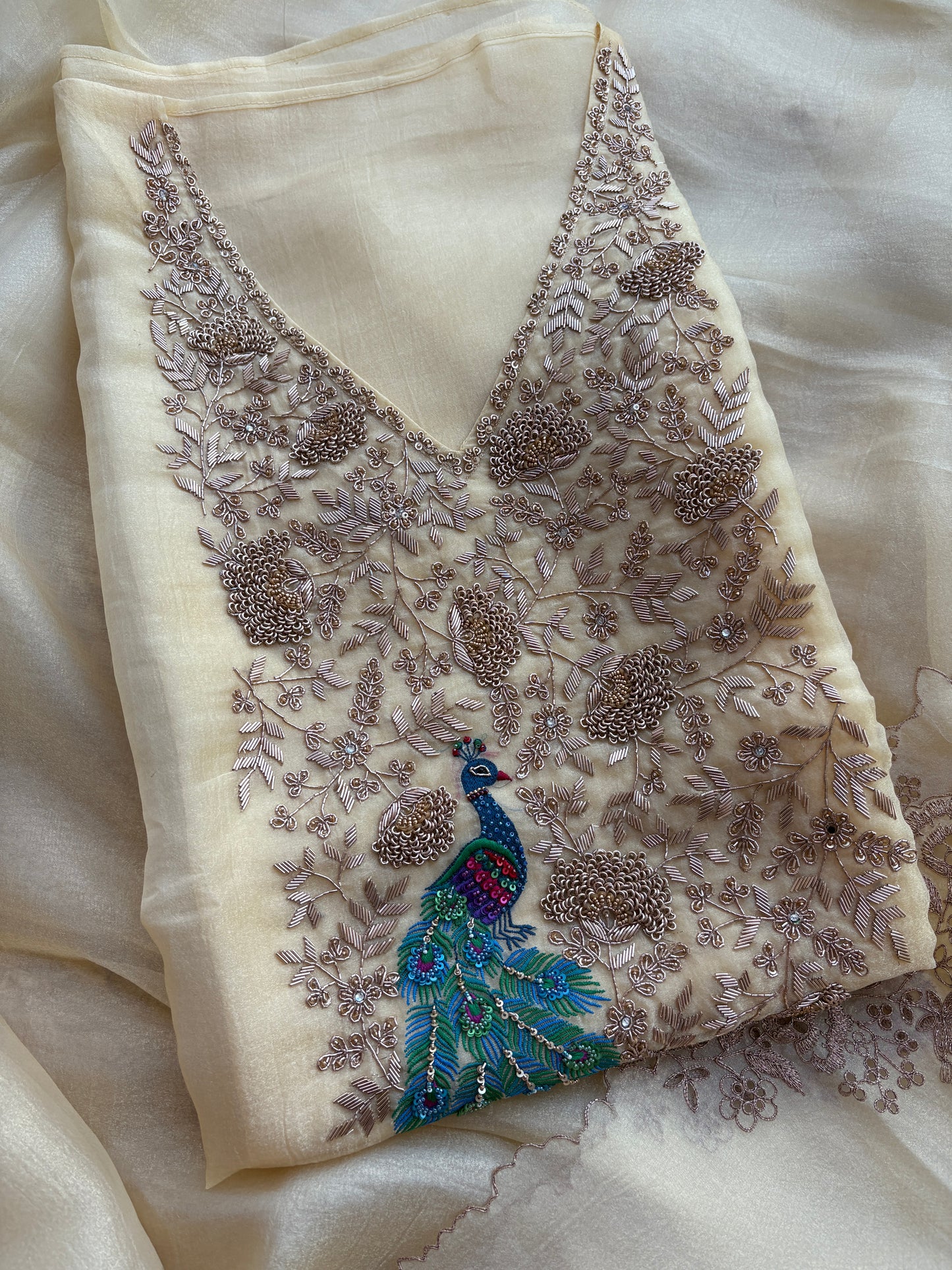 Yellow tissue silk hand embroidered suit set