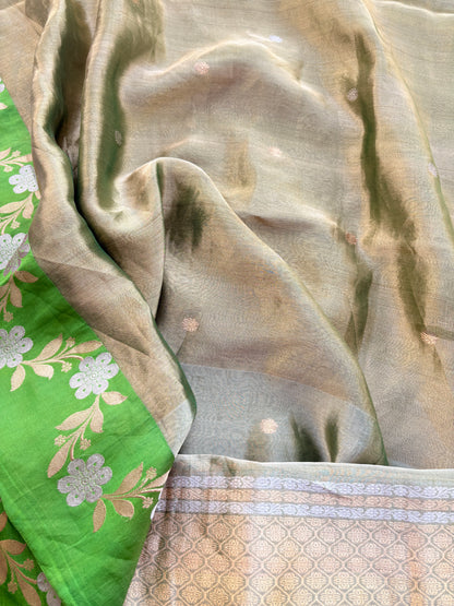 Yellow Chiniya silk with green tissue dupatta