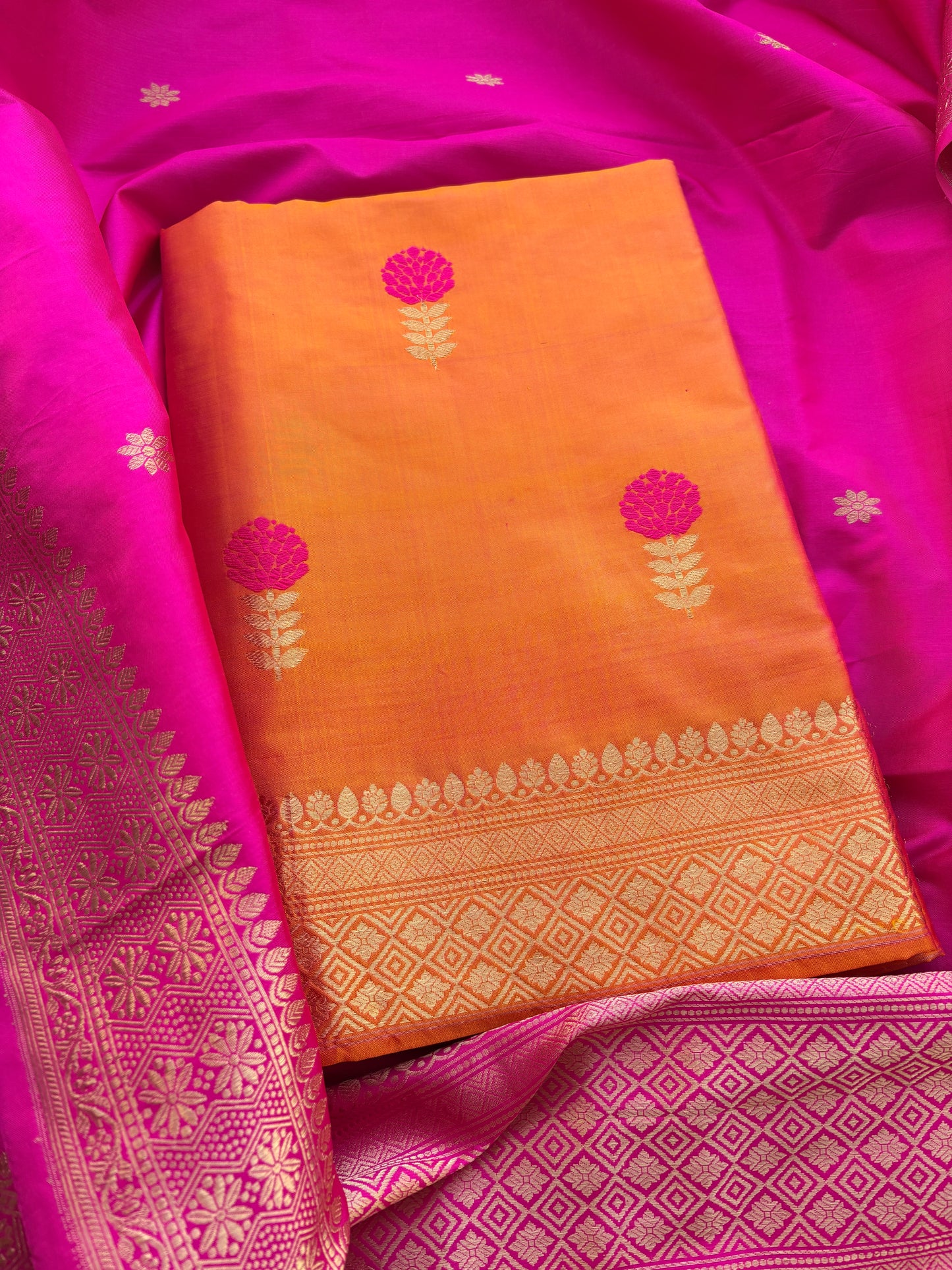 Yellow katan by katan silk suit with rani dupatta