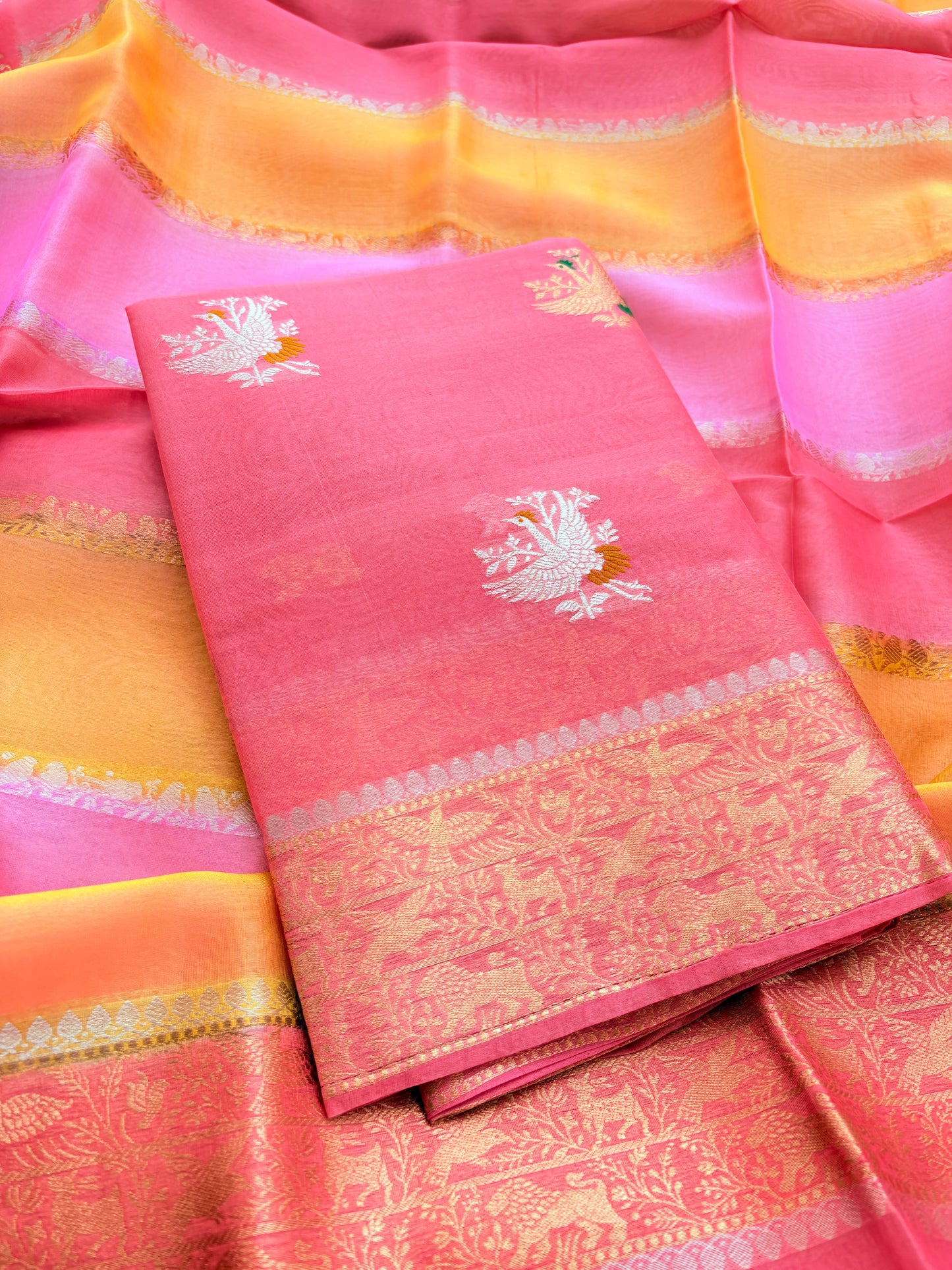 Peach pink Kora silk suit with Kora silk shaded dupatta