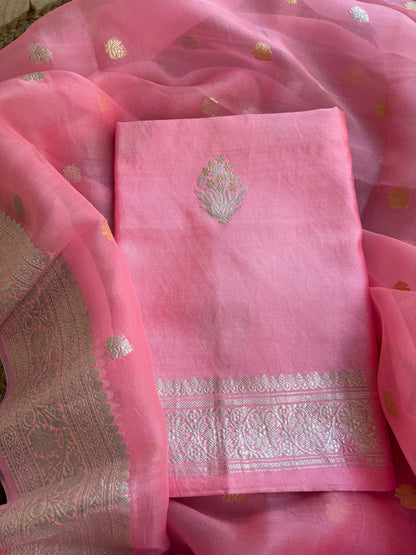 Pink pure silver zari chiniya kurta, kora dupatta, plain silk bottom.