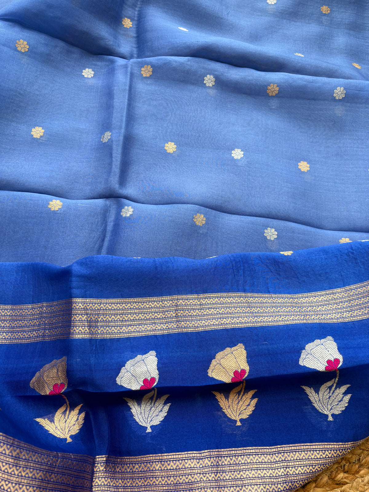Blue kora silk suit with kadhwa dupatta