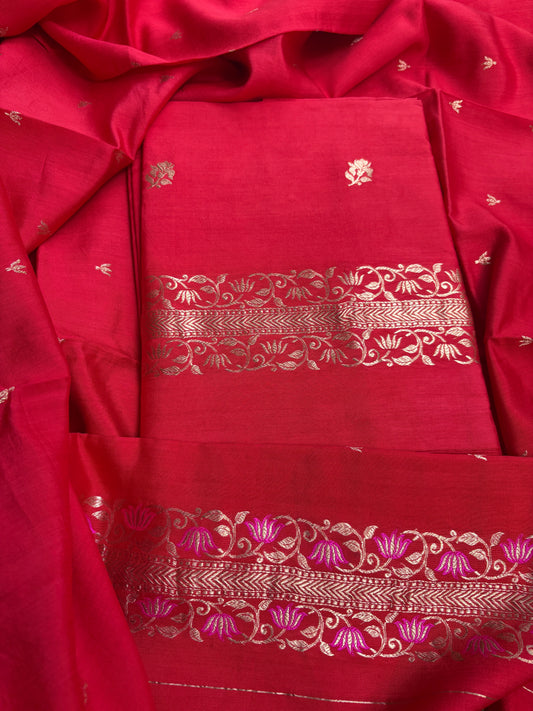 Red Chiniya silk 3 piece suit set