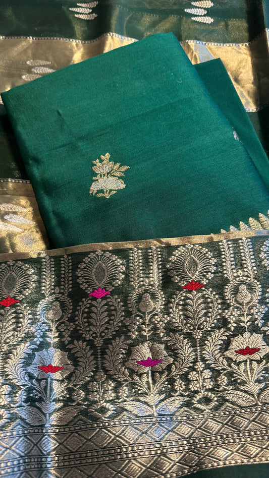 Bottle green chiniya silk kurta, kora tissue dupatta, plain silk bottom