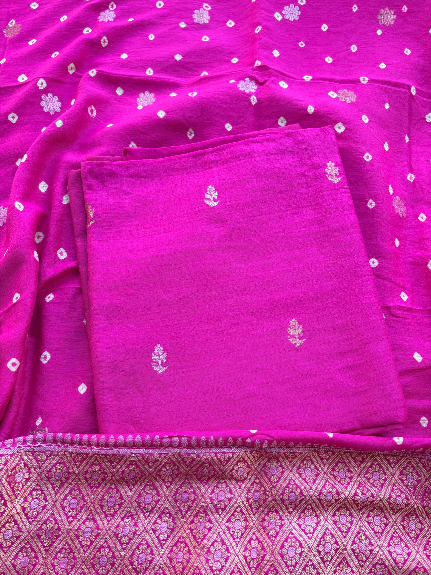 Pink moonga silk kadhwa suit with bandhani dupatta