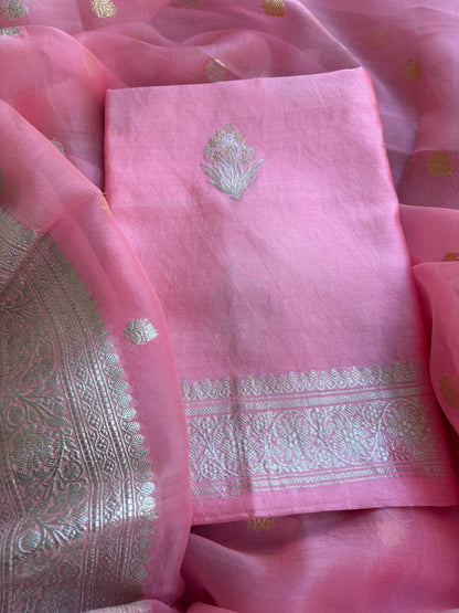 Pink pure silver zari chiniya kurta, kora dupatta, plain silk bottom.