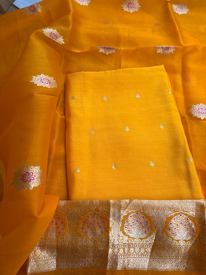 Yellow Chiniya silk kurta , bottom and kora silk dupatta