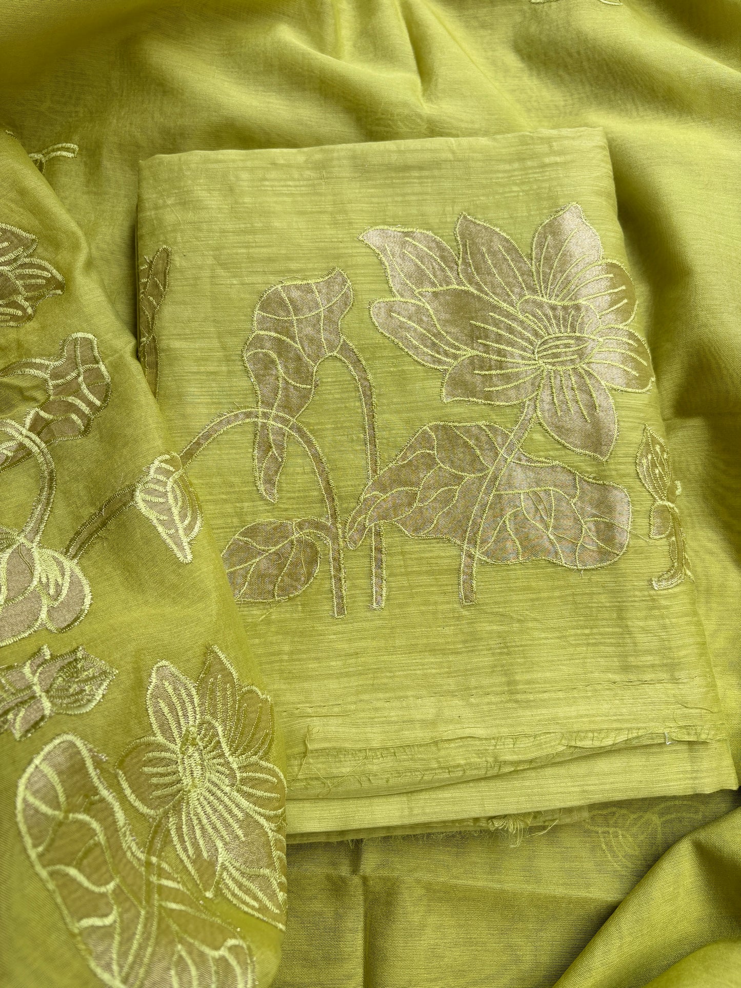Yellow mul Chanderi appliqué work suit set