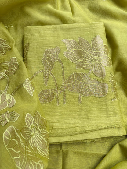 Yellow mul Chanderi appliqué work suit set