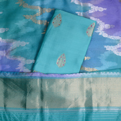 Blue Chiniya silk with rangkat kora dupatta