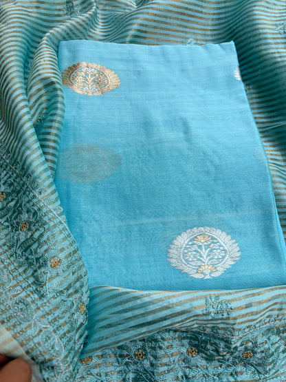 Blue handloom silk kurta, bottom tissue kadhwa dupatta.