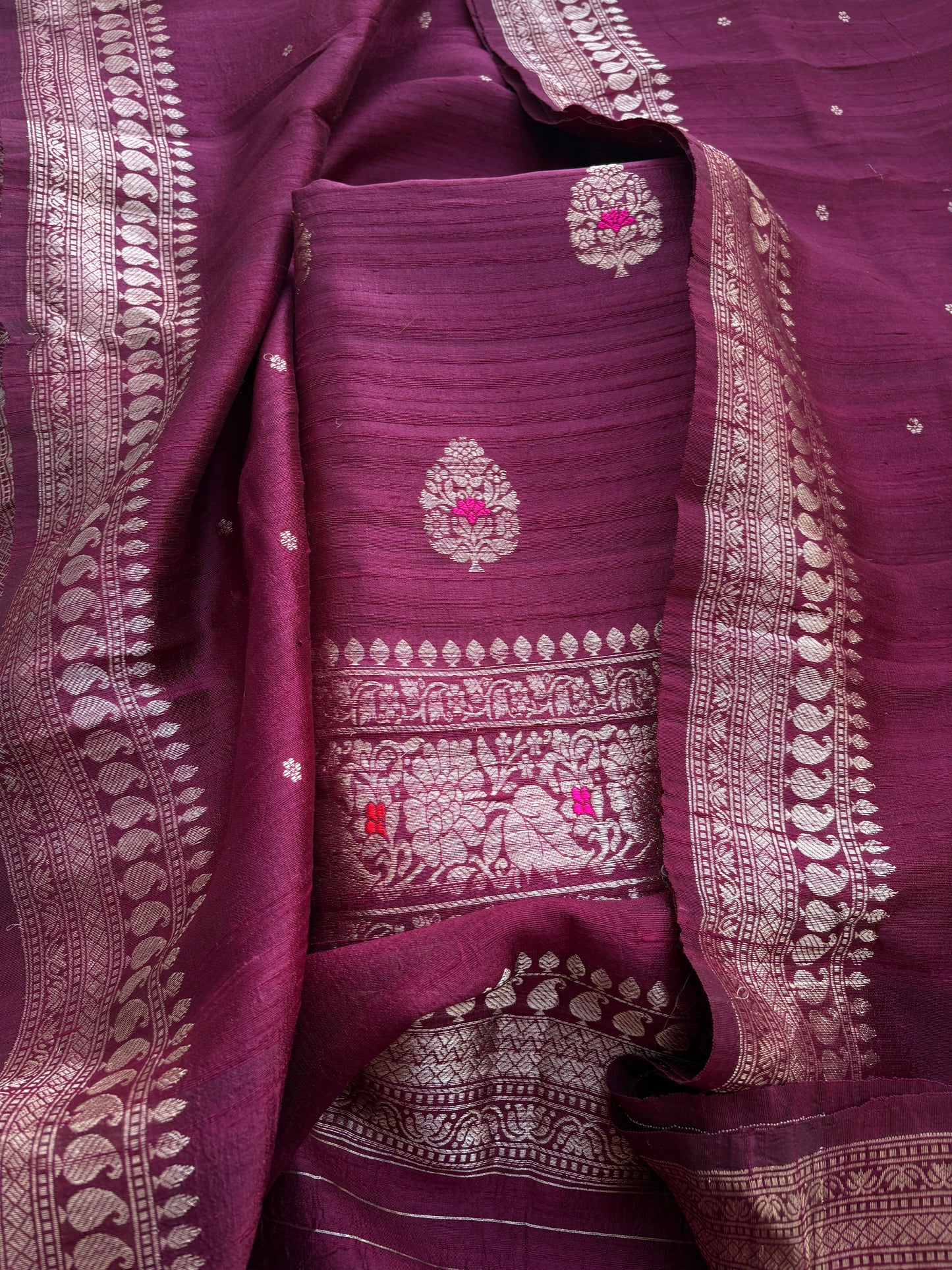Wine raw silk tussar kadhwa suit set