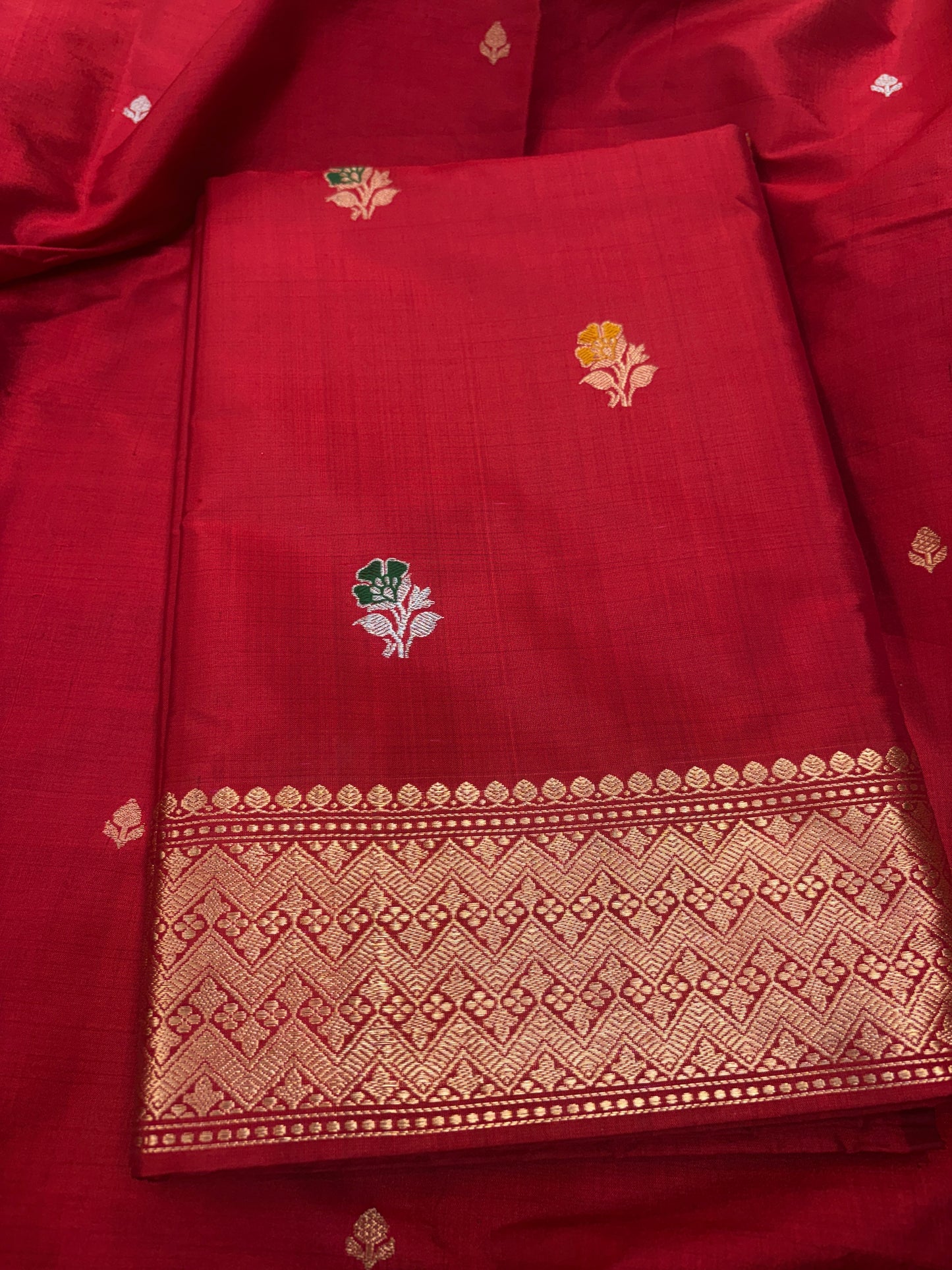 Red katan by katan silk kadhwa suit set