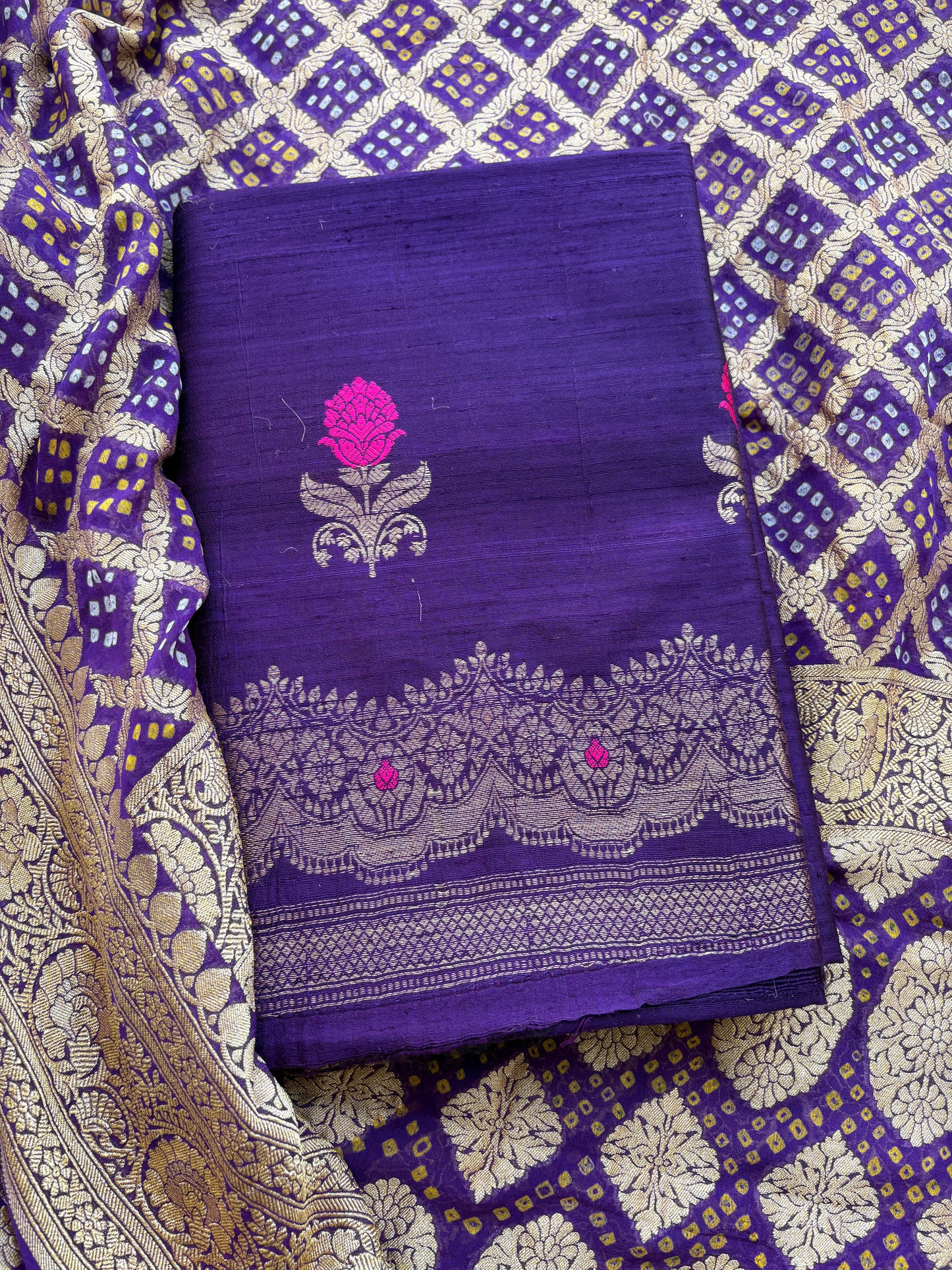 Purple raw silk kadhwa suit with Khaddi georgette dupatta