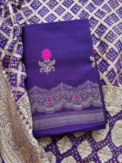 Purple raw silk kadhwa suit with Khaddi georgette dupatta
