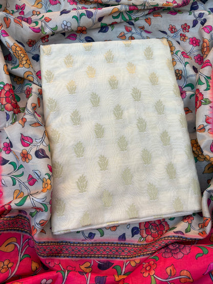 Cream cotton suit with digital printed dupatta, plain bottom