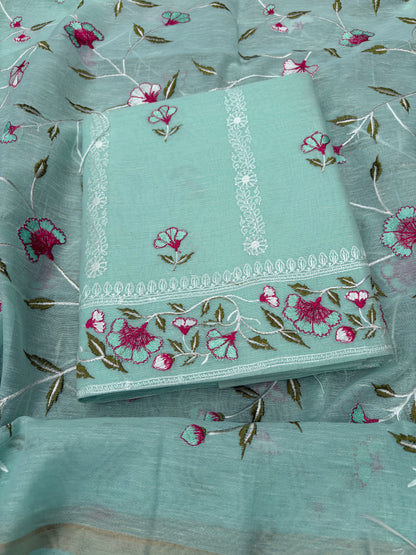 Blue linen cotton embroidered 3 piece suit set