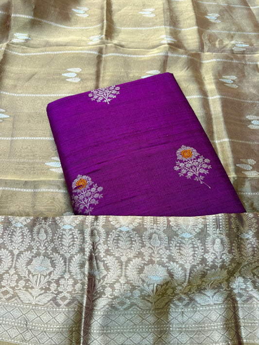 Purple raw silk kurta,bottom, kadhwa tissue dupatta