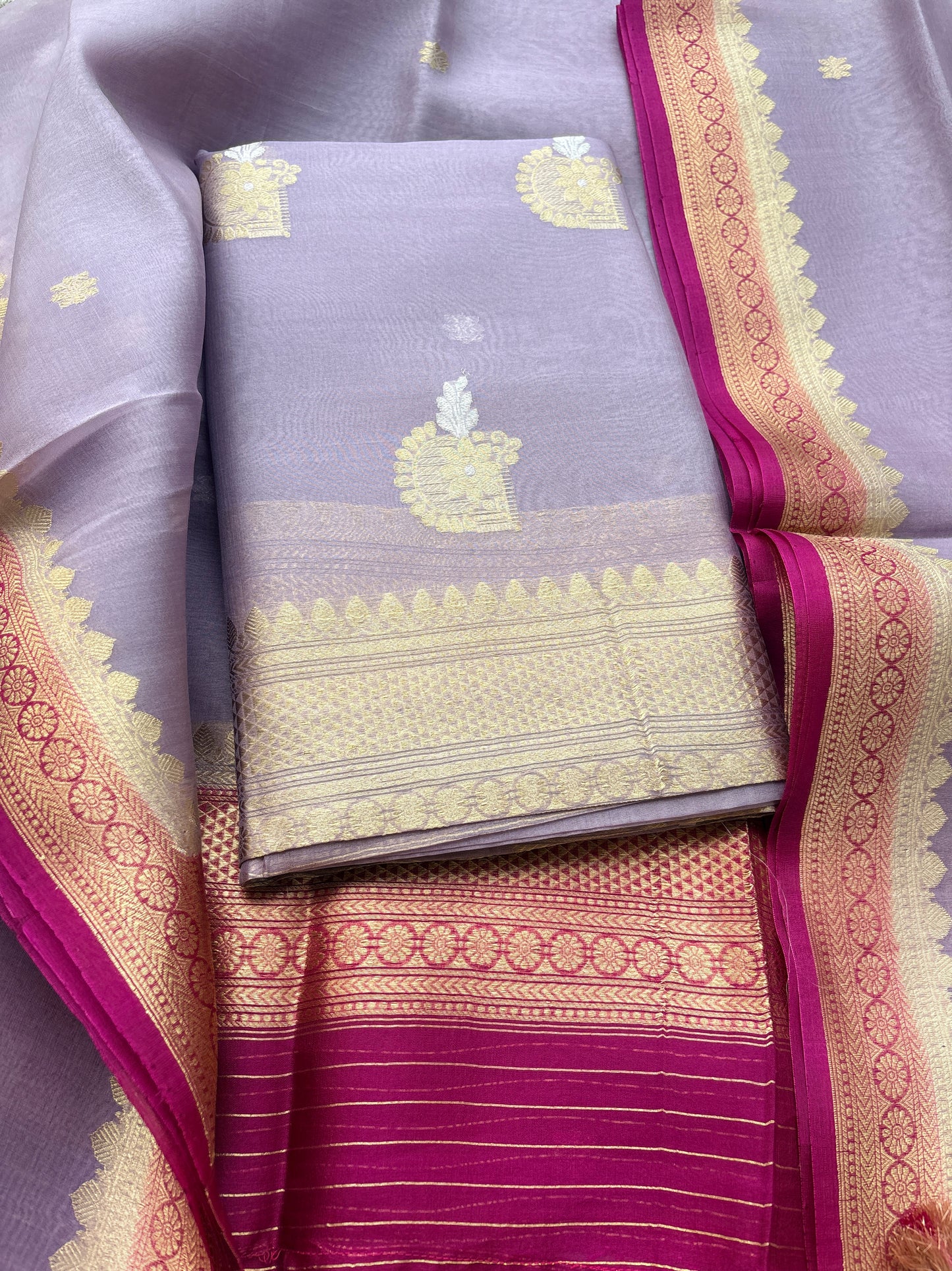 Lavender kora suit with shaded dupatta