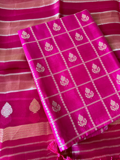 Pink chiniya katan silk suit, kora tissue dupatta, plain bottom