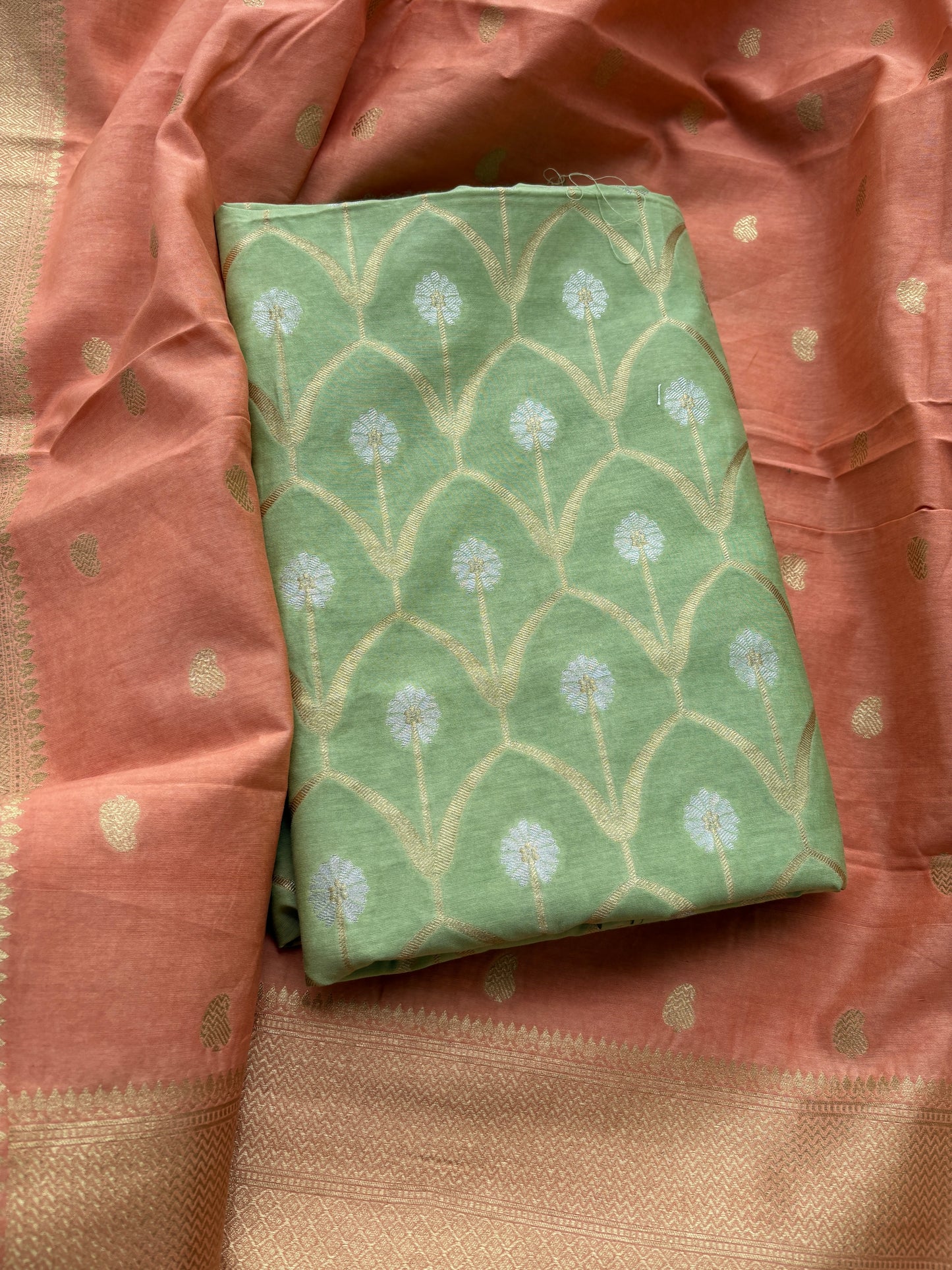 Green kurta with peach dupatta cotton silk suit set