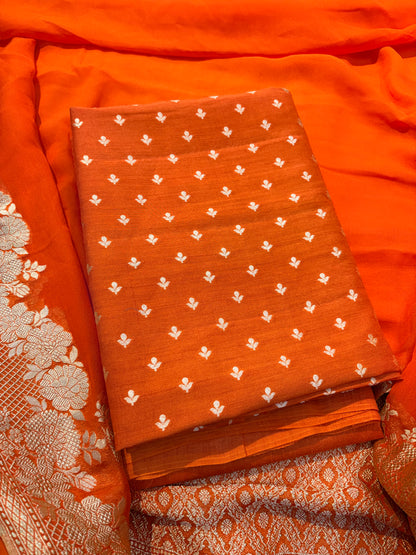 Orange moonga silk kurta , bottom and Khaddi georgette kadhwa dupatta