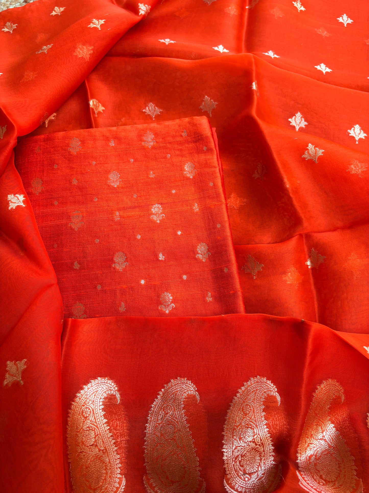 Orange raw silk kurta , bottom and kora silk dupatta