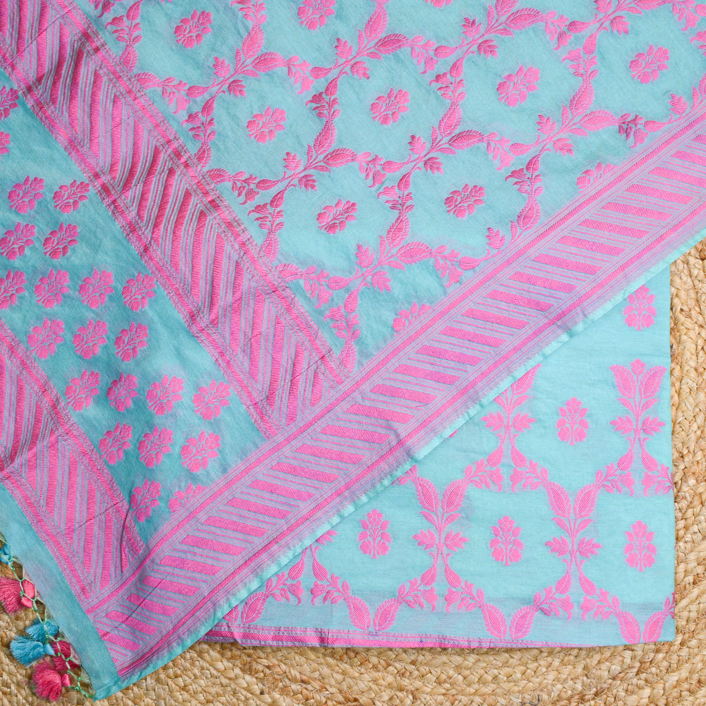 Blue base pink Resham weaving suit set