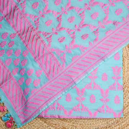Blue base pink Resham weaving suit set