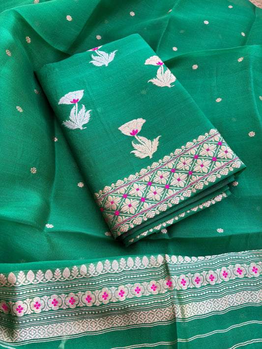 Green kora kadhwa rose design suit set
