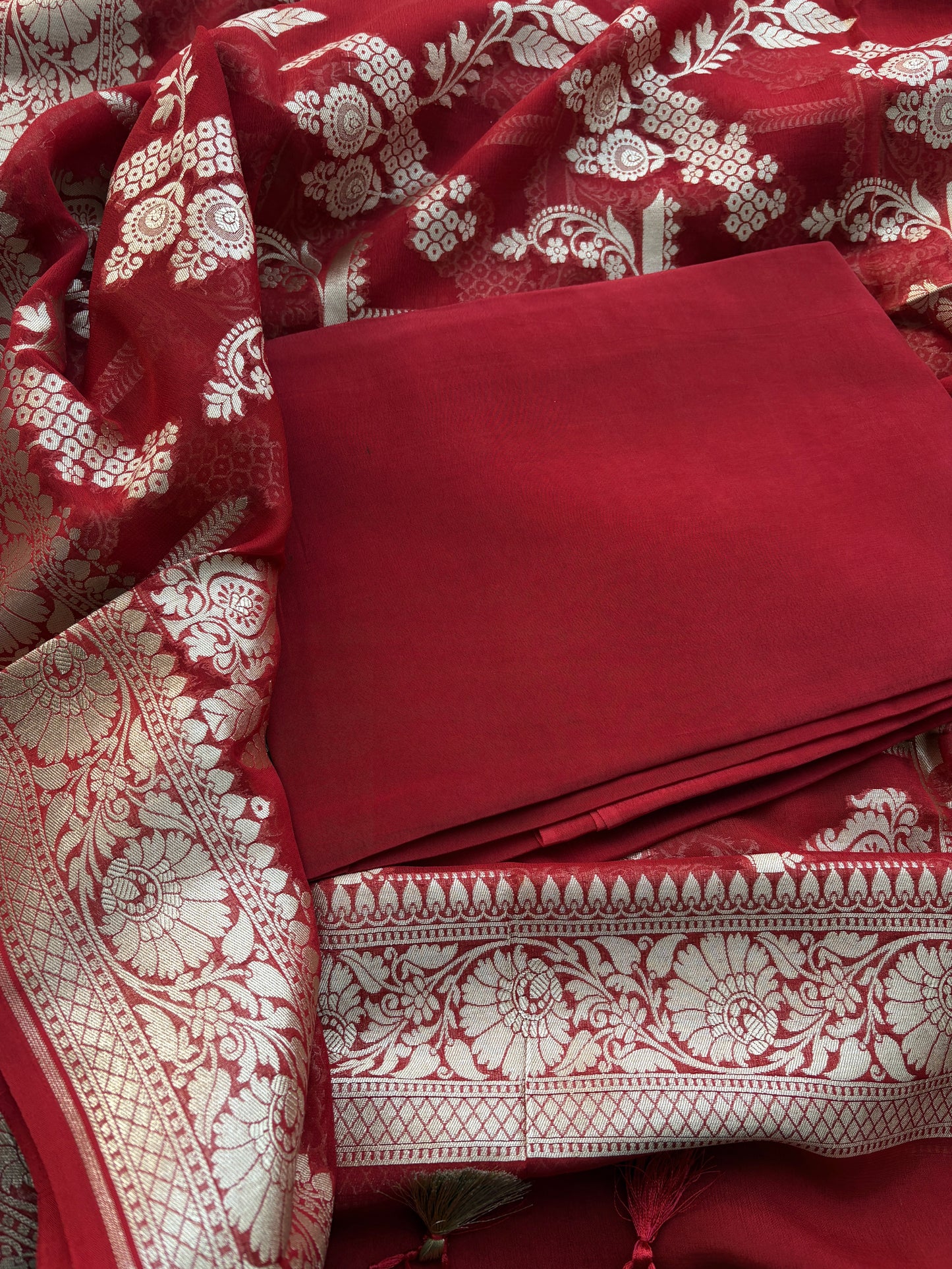 Red Khaddi georgette handwoven suit set