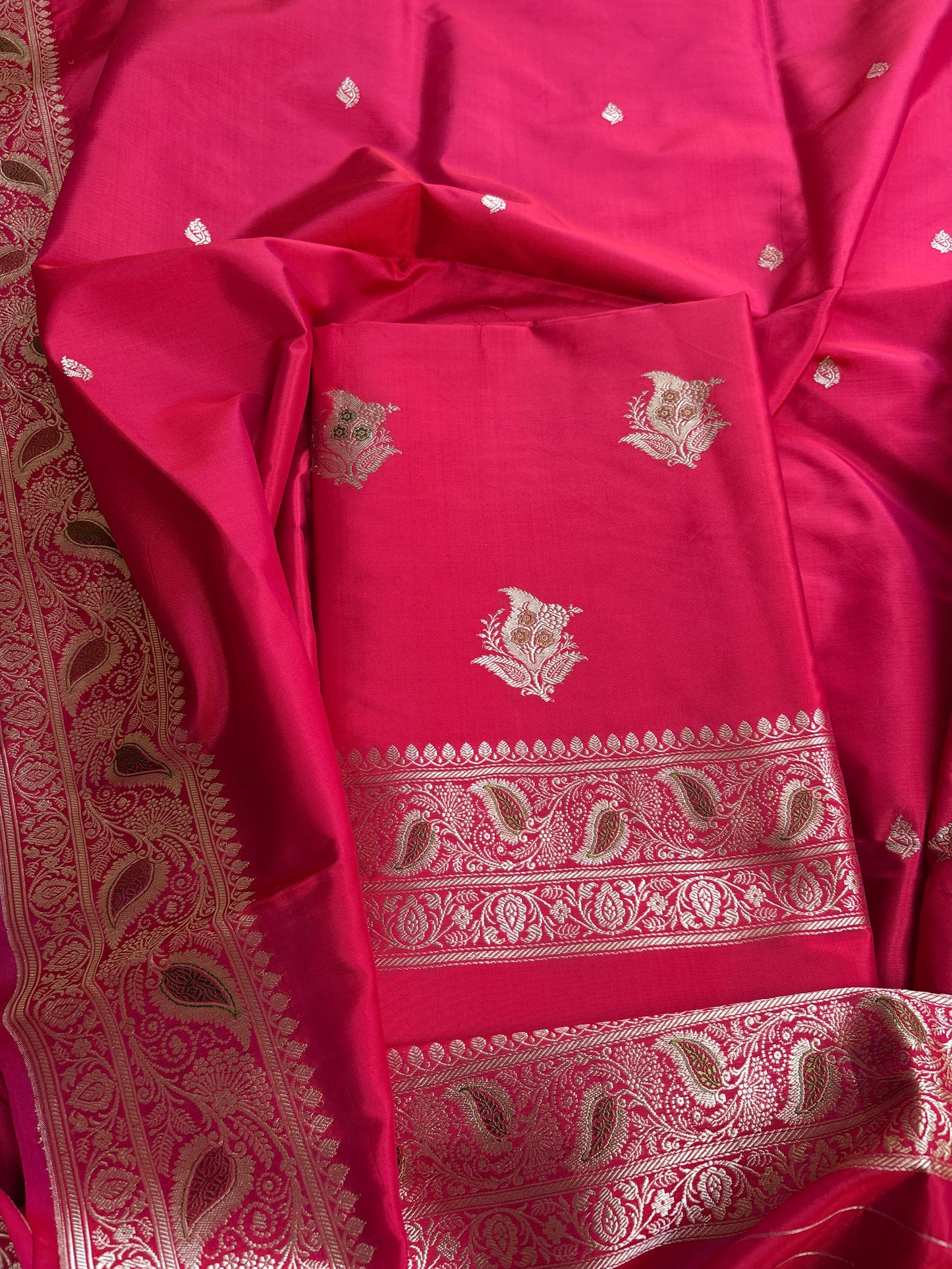 Red pink dhoop chau Meenakari katan silk suit set