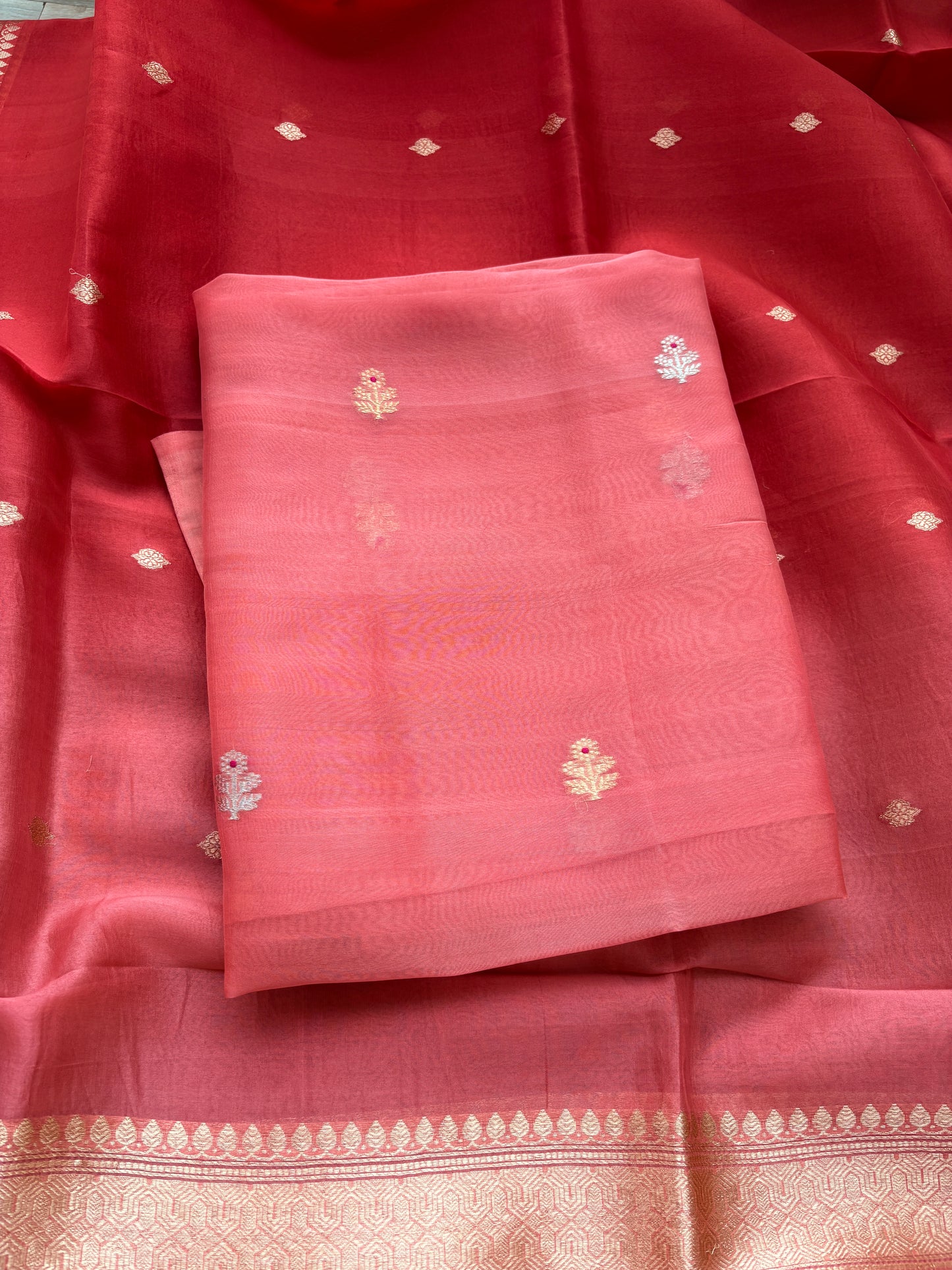 Peach kora silk shaded dupatta suit set