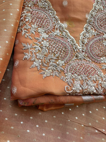 Pure kora hand embroidery suit with tissue silk dupatta ,Satin lower